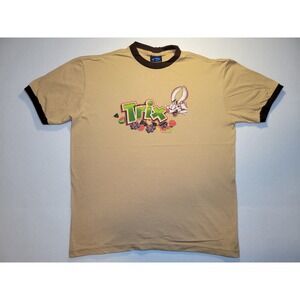 Vintage Trix Cereal Logo Spellout Tan Brown Ringer Shirt Mens L Rabbit Colorful